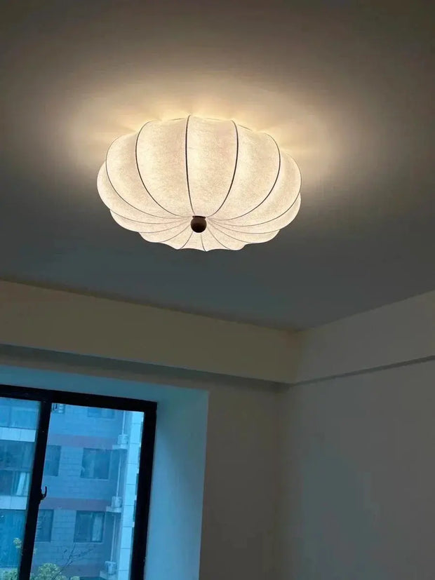 Rund taklampa för vardagsrum – Retro tygskärm med träaccenter för sovrum & matsal - PlafondLjus