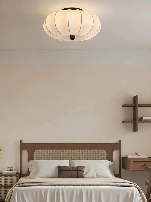 Rund taklampa för vardagsrum – Retro tygskärm med träaccenter för sovrum & matsal - PlafondLjus