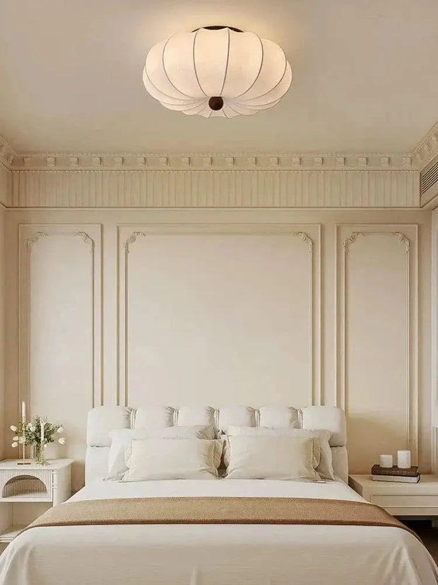 Rund taklampa för vardagsrum – Retro tygskärm med träaccenter för sovrum & matsal - PlafondLjus