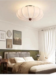 Rund taklampa för vardagsrum – Retro tygskärm med träaccenter för sovrum & matsal - PlafondLjus