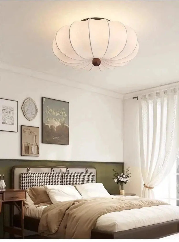 Rund taklampa för vardagsrum – Retro tygskärm med träaccenter för sovrum & matsal - PlafondLjus