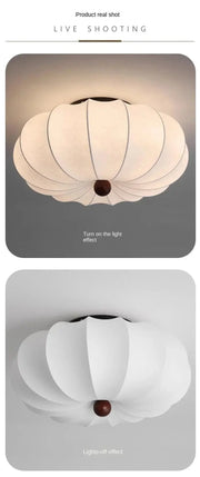 Rund taklampa för vardagsrum – Retro tygskärm med träaccenter för sovrum & matsal - PlafondLjus