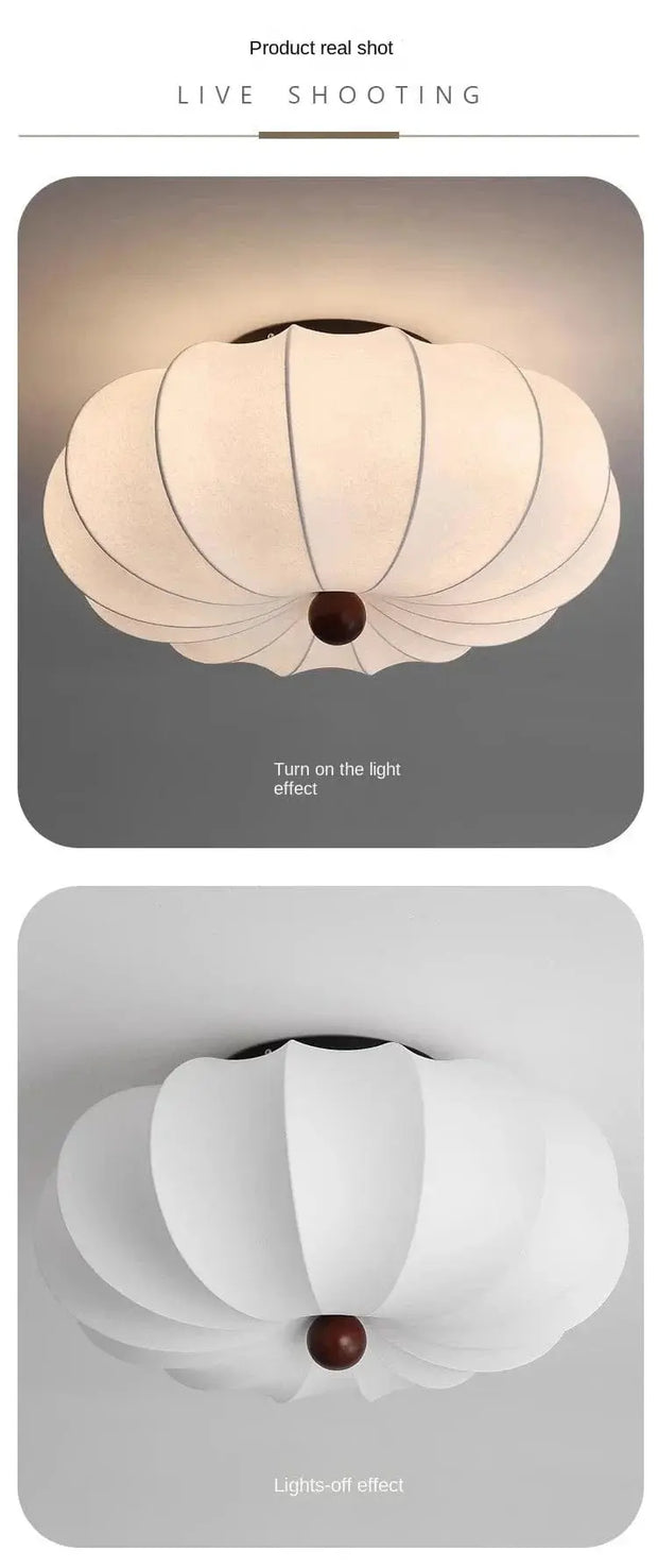 Rund taklampa för vardagsrum – Retro tygskärm med träaccenter för sovrum & matsal - PlafondLjus