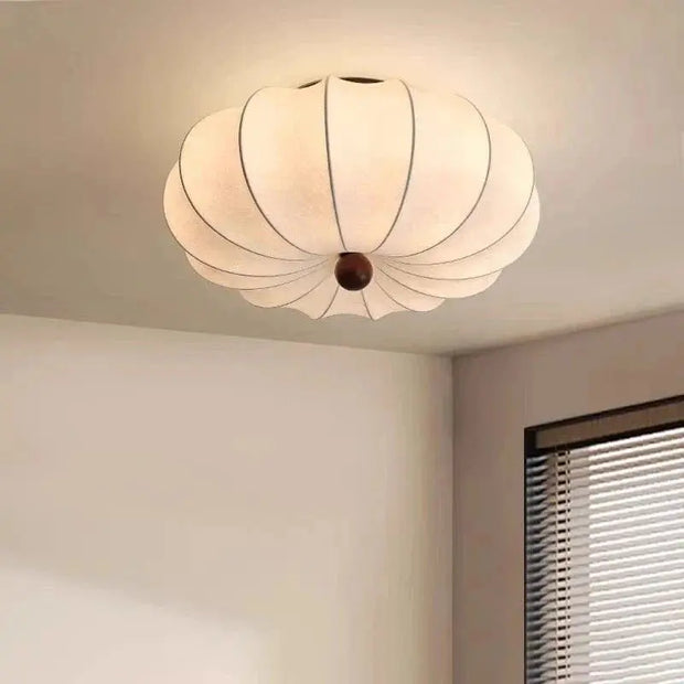 Rund taklampa för vardagsrum – Retro tygskärm med träaccenter för sovrum & matsal - PlafondLjus