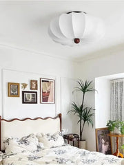 Rund taklampa för vardagsrum – Retro tygskärm med träaccenter för sovrum & matsal - PlafondLjus