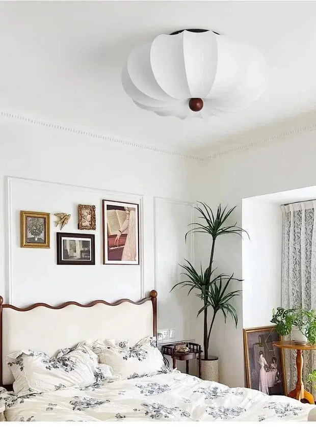 Rund taklampa för vardagsrum – Retro tygskärm med träaccenter för sovrum & matsal - PlafondLjus