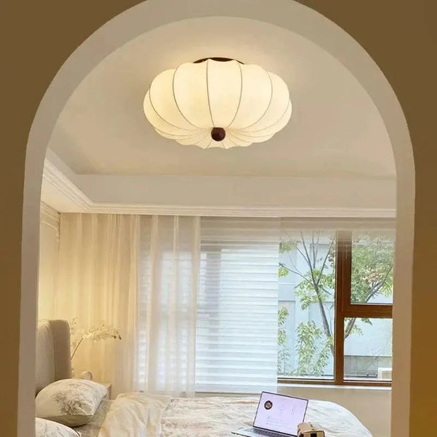 Rund taklampa för vardagsrum – Retro tygskärm med träaccenter för sovrum & matsal - PlafondLjus