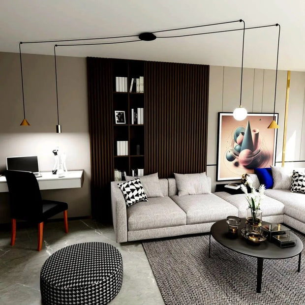 Plafond med gyllene upphängningar och svarta kablar - PlafondLjus