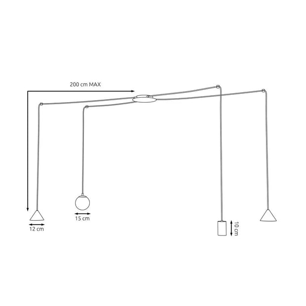 Plafond med gyllene upphängningar och svarta kablar - PlafondLjus