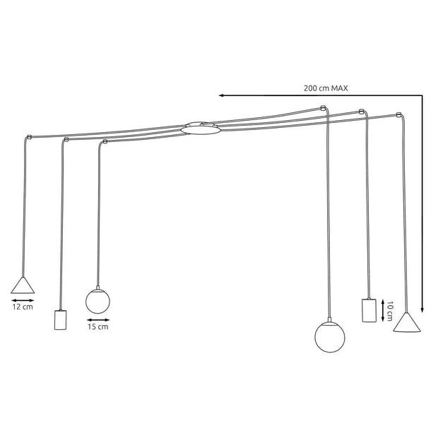 Plafond med gyllene upphängningar och svarta kablar - PlafondLjus