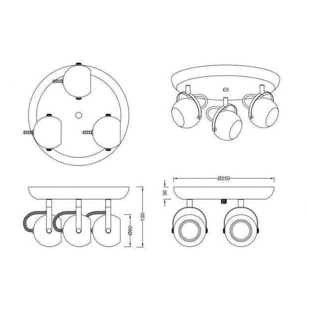 Rund Takplafond 3 Spotlights - PlafondLjus